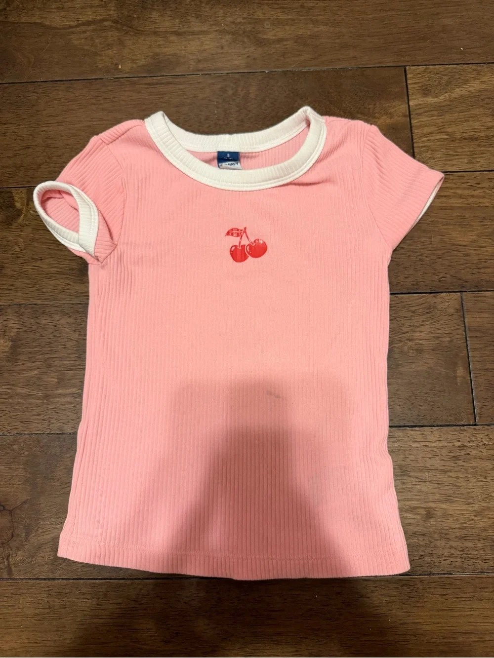 Girls Pink Ribbed Tee with Cherry Motif -  Kids Shirt